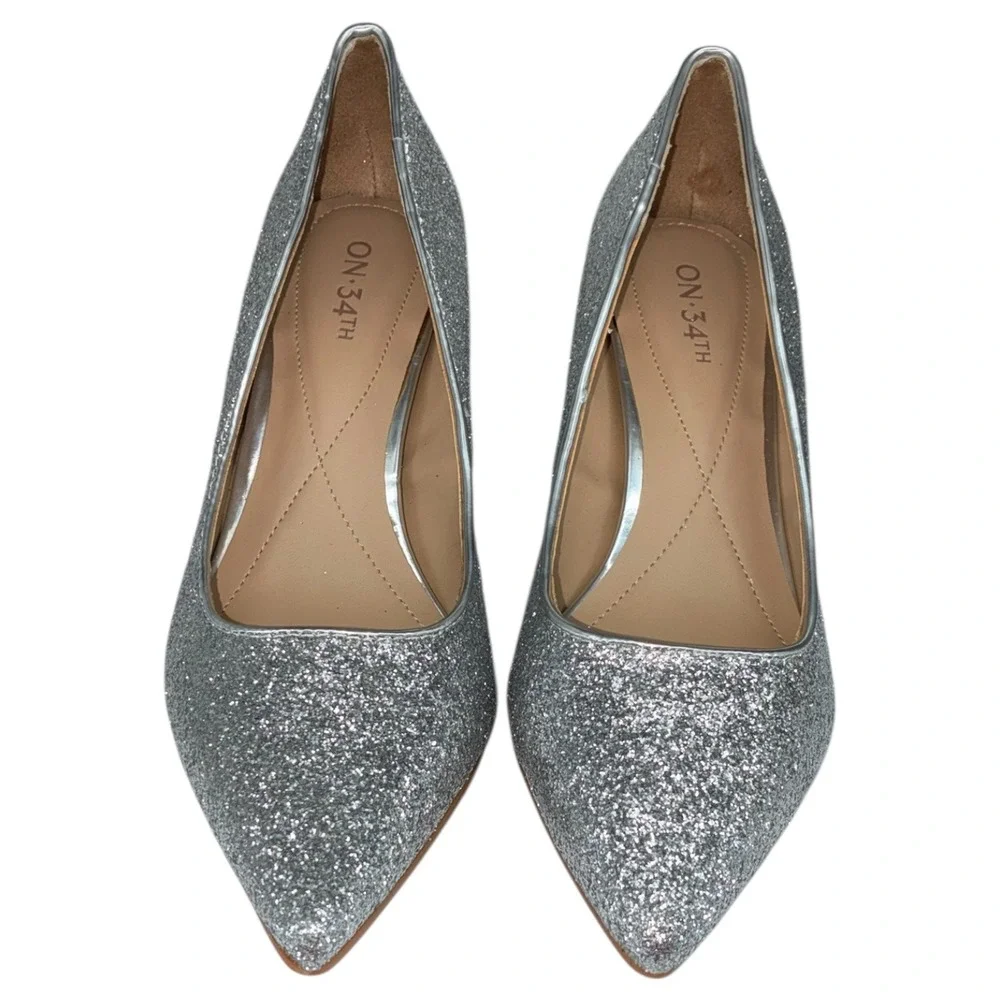 ON 34th Jeules Silver Glitter Pointed Toe Pumps‎ Kitten Heels Wedding Party 6M